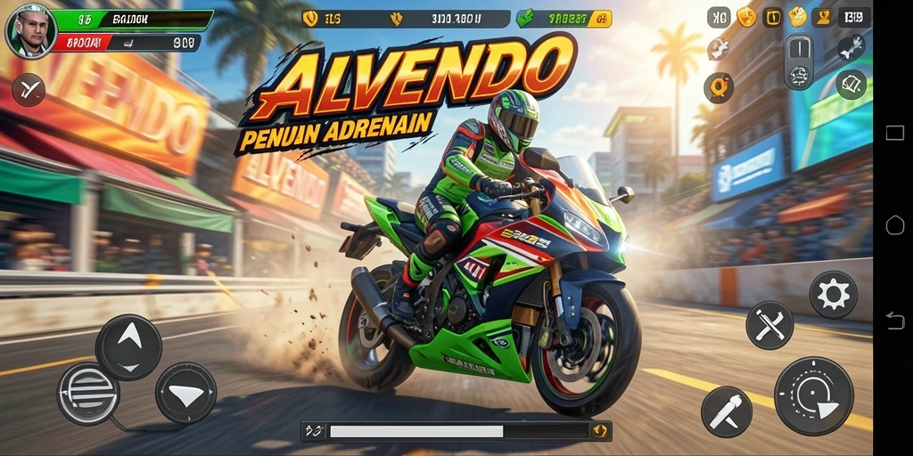 Tampilan gameplay seru dalam ALVENDO saat balapan motor.