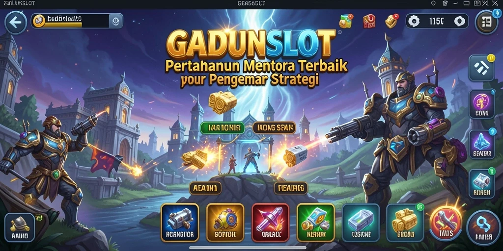 Screenshot gameplay GADUNSLOT menampilkan aksi menara pertahanan yang mendebarkan.