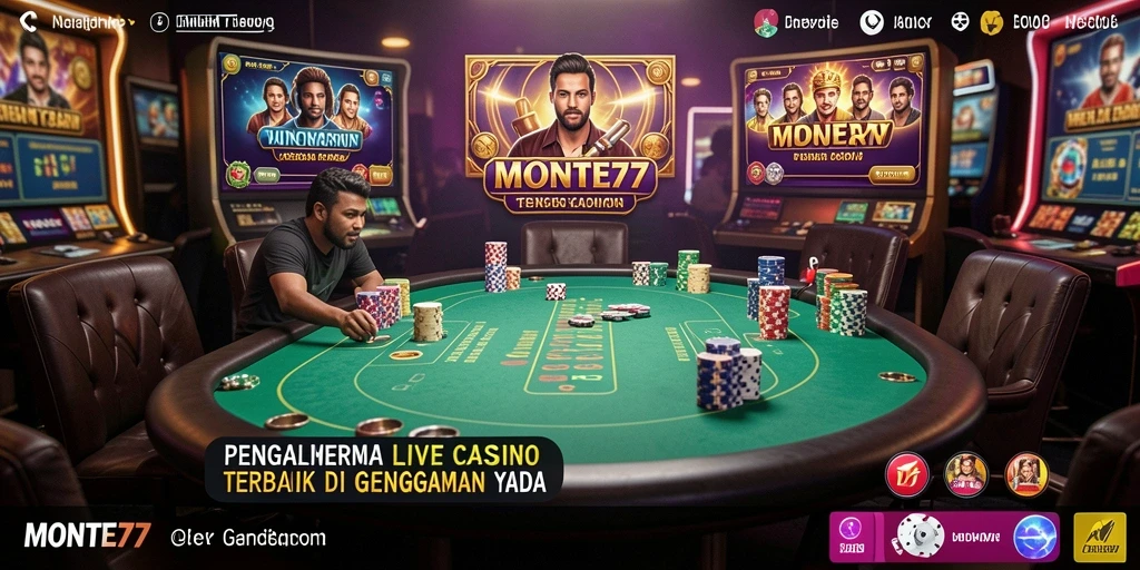 Tampilan screenshot MONTE77 menampilkan dealer dan pemain dalam sesi Live Casino.