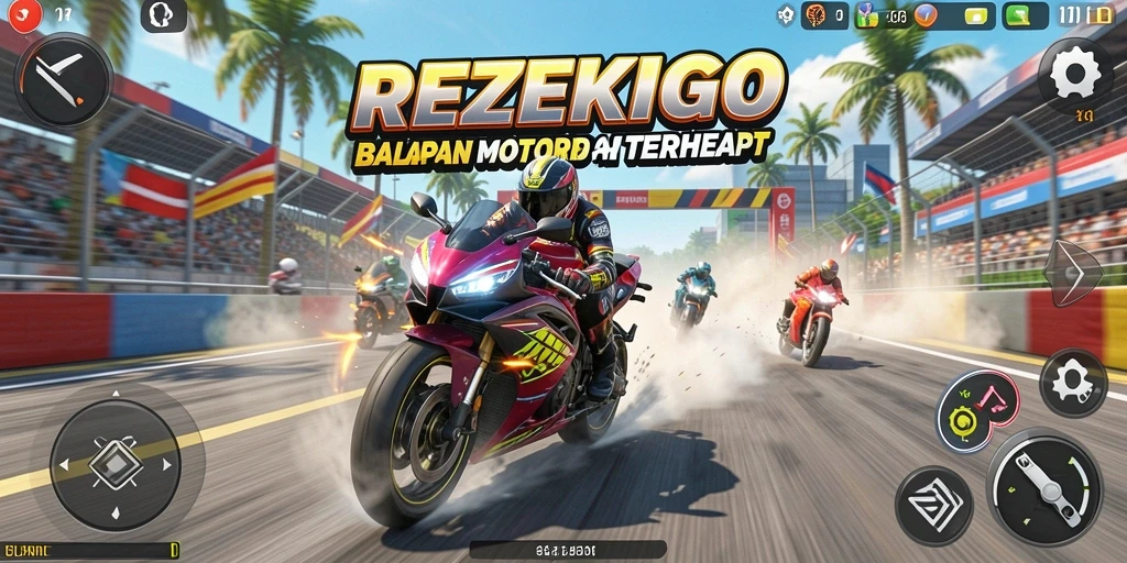 Tampilan gameplay menegangkan dari REZEKIGO saat balapan motor.