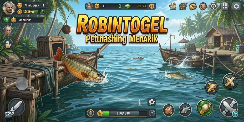 Tampilan gameplay seru dalam ROBINTOGEL saat memancing berbagai ikan.