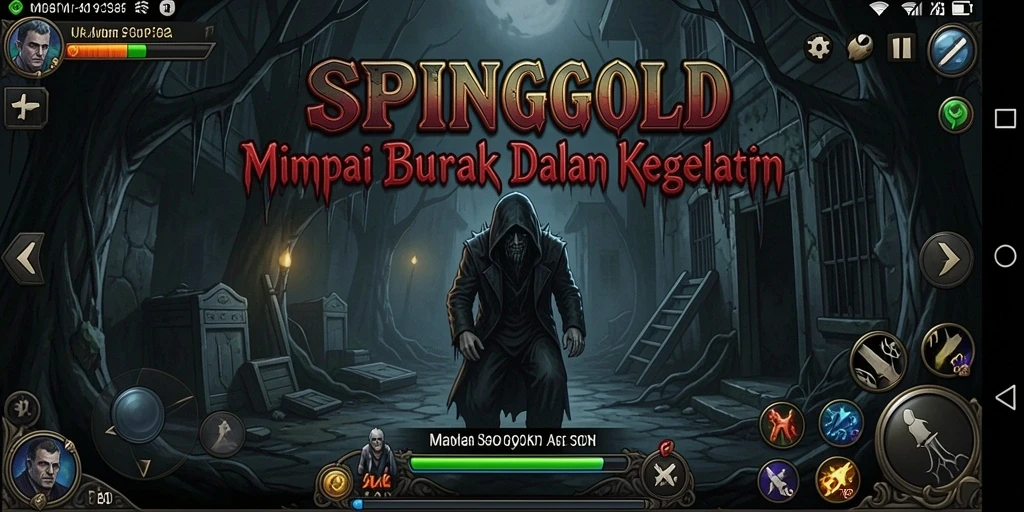 Satu screenshot dari gameplay SPINGOLD yang menampilkan suasana kegelapan yang mencekam.